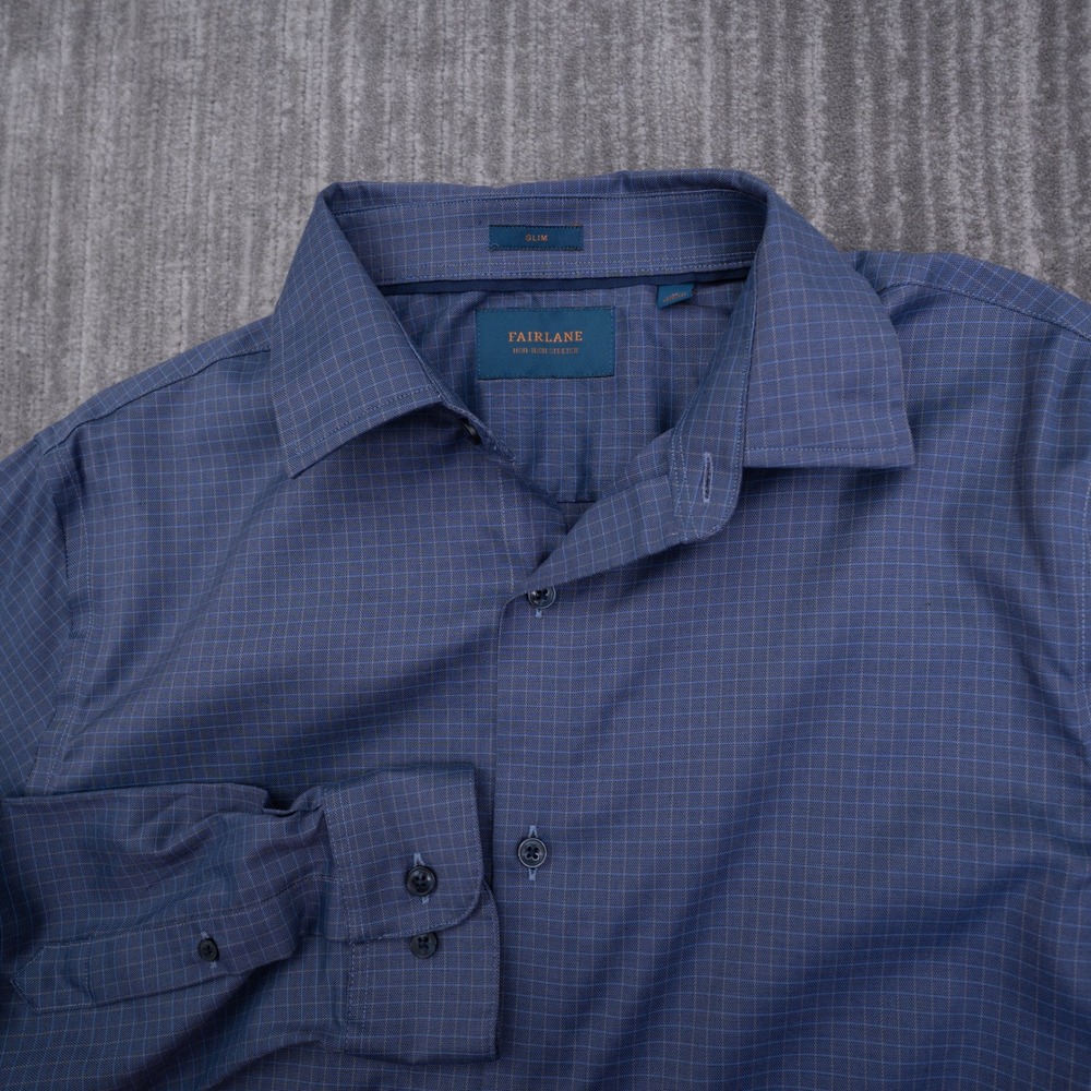 Fairlane Mens Slim Fit Non-Iron Stretch Blue Grid Button Up Dress Shirt Size M